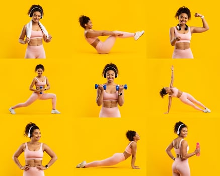 A fit young African American woman performs multiple workout routines in a cheerful yellow setting. She showcases exercises like squats, planks, and arm curls, embodying energy and motivation. photo