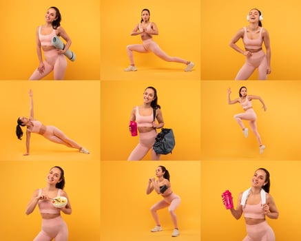 A series of activities showcasing a woman engaged in various exercises against a bright yellow backdrop. She demonstrates lunges, stretches, and playful movements, promoting a healthy lifestyle. photo