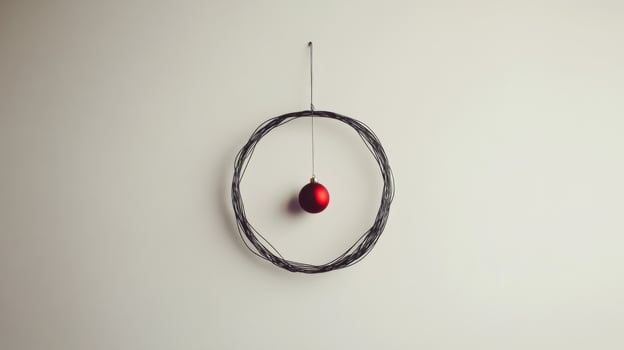A Single Red Ornament Hanging Within a Wire Wreath photo
