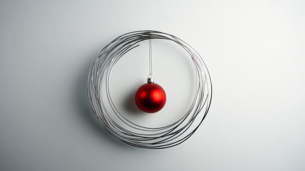 A Red Christmas Ornament Hanging Within a Silver Wire Circle photo