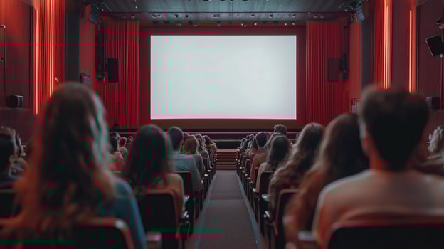 Audience watching blank white screen in a modern cinema hall photo