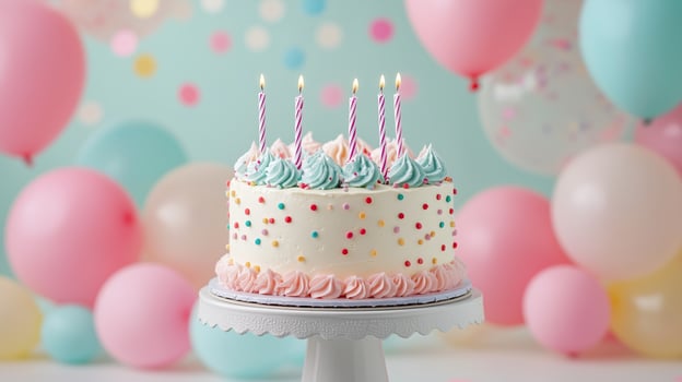 birthday party balloons with confetti and cake on light photo