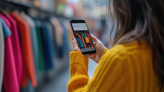 A woman is shopping for clothes with a mobile phone photo