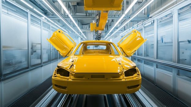A yellow vehicle body positioned in an automated assembly line within a modern manufacturing facility photo