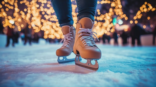 Close-up of ice skates on a festive outdoor ice rink at night photo