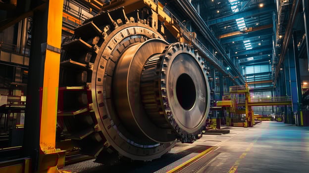 Large industrial turbine being prepared for assembly in a modern manufacturing facility during daylight hours photo