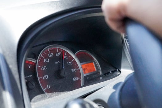 Modern car speedometer shows high driving speed photo