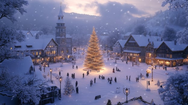 A Snowy Village Square with a Lit Christmas Tree photo