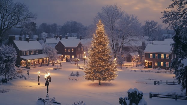 A Snowy Town Square with a Lit Christmas Tree at Night photo