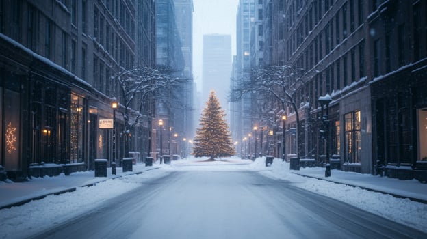 Snowy City Street with a Christmas Tree in the Middle photo