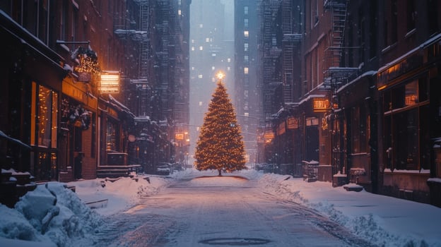 A Christmas Tree in a Snowy City Alleyway photo