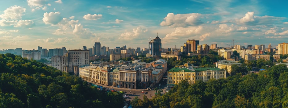 A stunning panoramic view of a vibrant city skyline under a bright sky, showcasing urban architecture and lush greenery in the foreground photo