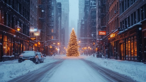 Snowy City Street with Christmas Tree and Cars photo
