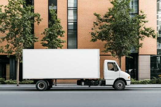 Empty blank white mockup of the truck on city street with buildings in the background photo