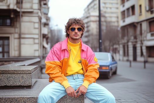 Man wearing clothes from the 1980s poses in a bustling city street photo