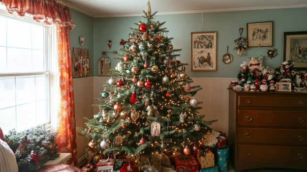 Decorated Christmas Tree in a Room with a Window and a Dresser photo