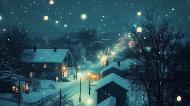 Snowy Nighttime Street Scene with Illuminated Homes and Streetlights photo