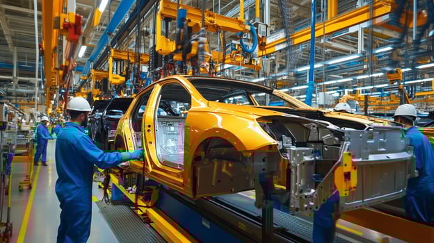Assembly line workers manufacturing orange vehicles in a modern automotive factory during daylight photo