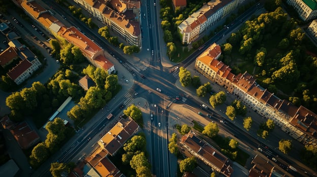 Aerial view of an urban intersection surrounded by buildings and greenery during golden hour photo