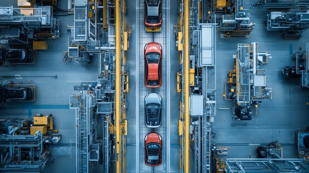 Elevated view of a modern automotive assembly line with red and gray vehicles in a busy manufacturing facility photo