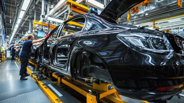 Workers assemble a sleek black car body on the production line in an automobile factory during daytime operations photo