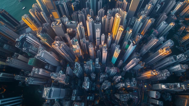 Aerial view of a bustling urban skyline during sunset, showcasing towering skyscrapers and vibrant city lights photo