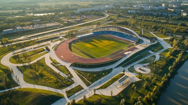 Aerial view of a modern sports stadium surrounded by landscaped park and athletic facilities during a sunny day photo