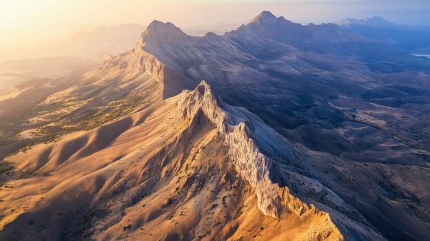 Vast mountain landscape captured during golden hour, showcasing rugged peaks and expansive terrain in a serene natural setting photo