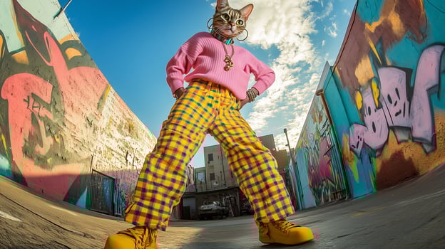 A person in a vibrant outfit poses confidently against colorful urban graffiti in a lively city alley during the day photo