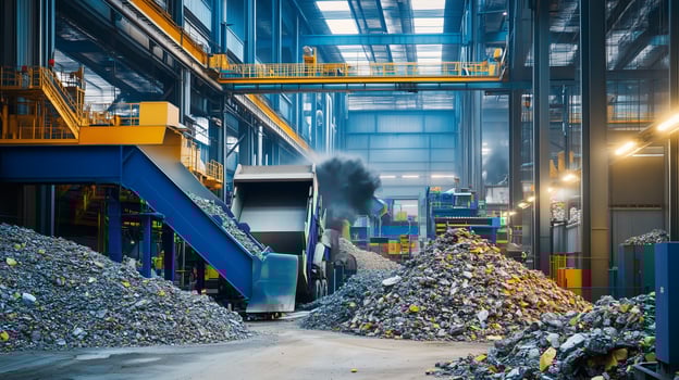 A busy recycling facility processes metal scrap in an industrial setting, showcasing machinery and piles of materials during daylight hours photo