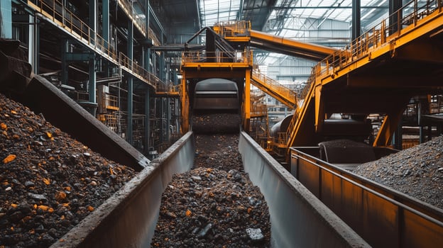 A bustling industrial facility processing raw materials with conveyor belts and machinery during daylight photo