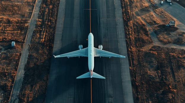 Aerial view of an airplane preparing for takeoff on an airport runway during golden hour lighting in a clear sky photo