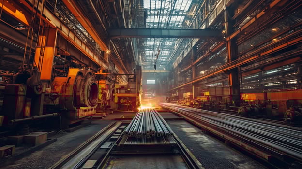Industrial scene featuring molten metal in a large manufacturing facility during the day photo