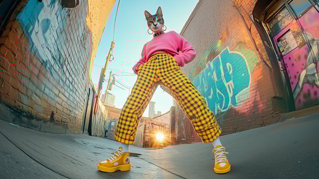 A playful cat in vibrant outfit poses confidently in urban alley at sunset, showcasing eclectic fashion and unique style photo