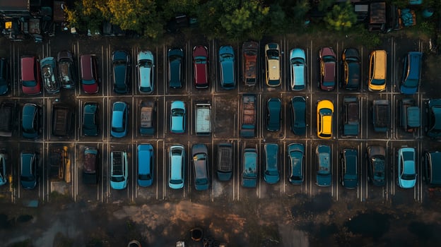 Aerial view of a crowded parking lot filled with differently colored cars during the day photo