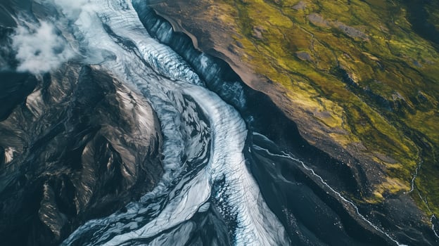 Aerial view of a breathtaking glacier winding through the rugged landscape of Iceland during a clear afternoon photo