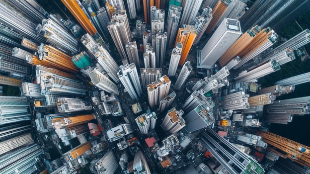 Aerial view of densely packed skyscrapers in a bustling urban environment during the daytime showing the city's vibrant architectural landscape photo