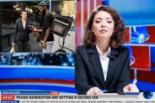 Newscast about food delivery occupation, presenter announcing growth in taking second job among younger generation. Woman news anchor working on global communications, takeaway industry. photo