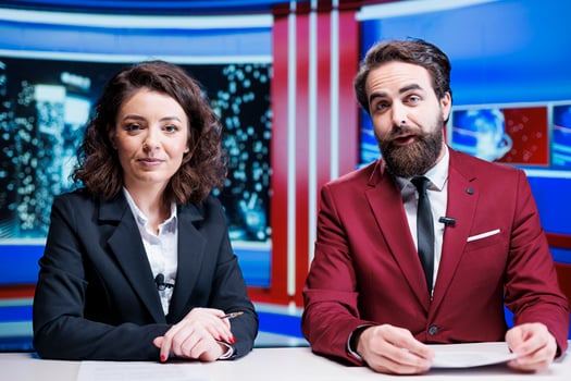 Team of presenters giving news updates reporting latest information and global events in newsroom. Two journalists working on television content, discussing international topics. photo