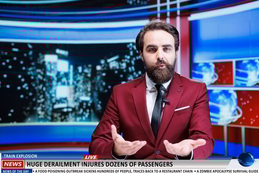 Newscaster reveals dangerous occurence, breaking news concerning victims of train derailment caused by explosion. Devastating details about people hurt or killed after railway accident. photo