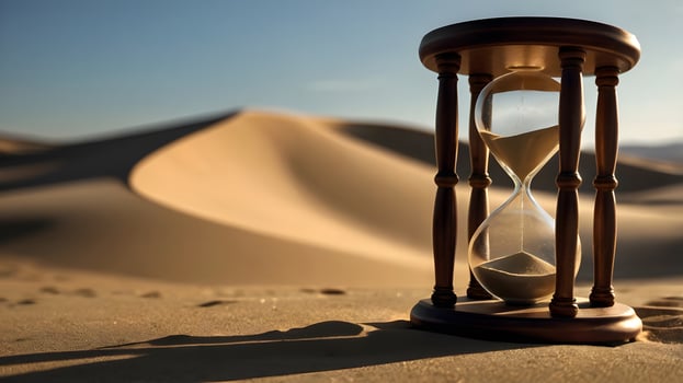 Antique Fast Hourglass wooden yellow sand clock timer in the desert photo