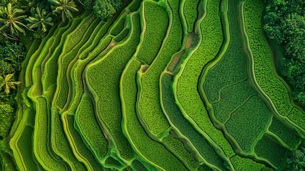 Lush green terraced rice fields in Bali, Indonesia, showcasing intricate patterns during the sunny afternoon photo