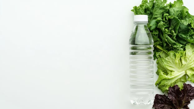 Fresh Dinner Concept with Lettuce and Water Bottle on White Background for Healthy Eating and Nutrition photo