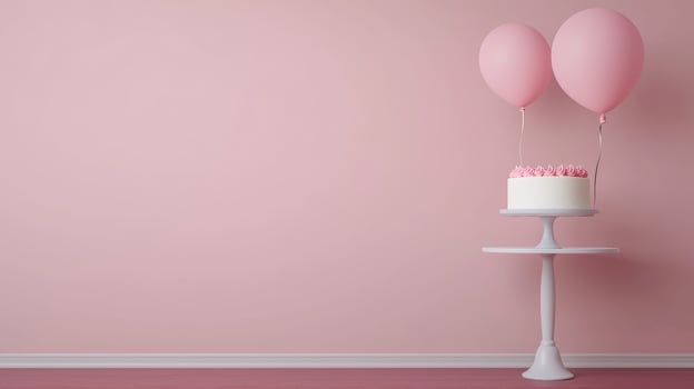 Elegant Minimalist Party Setup with Pink Balloons and Cake on Pedestal Against Pastel Background photo