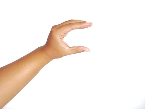 Hand holding an invisible object, isolated on white. Asian male hand in a gesture of giving or grabbing, perfect for concepts of interaction and communication. Close up view photo