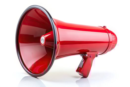 Red megaphone reflected on white background photo