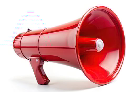 Red megaphone reflection on white background photo