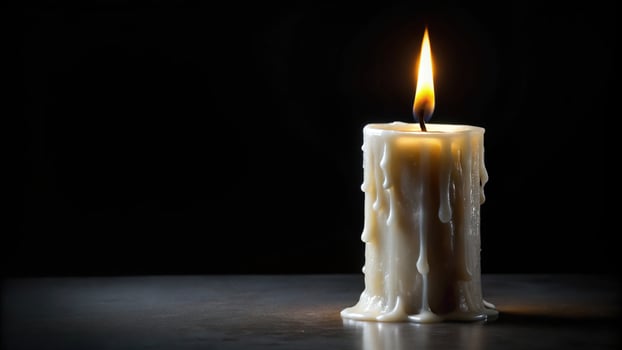 Reflected burning melted white candle on black background, copy space photo