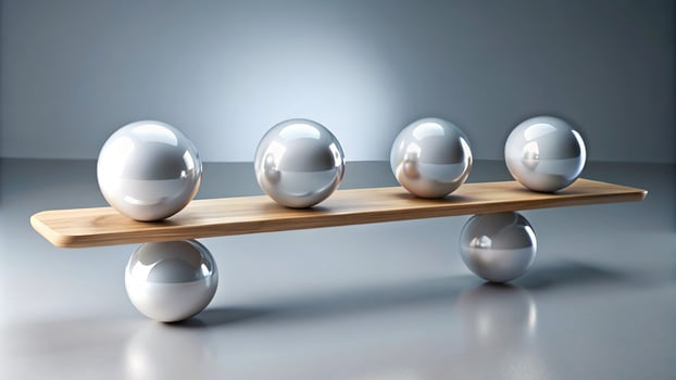 Plank holding shiny white spheres in balance at eye level photo