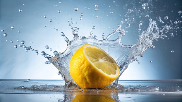 Refreshing image of lemon reflecting in water with splashes on plain background photo